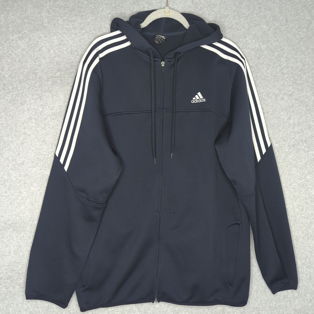 Vintage Adidas Mens L Full Zip Hoodie Jacket 3 Stripe Navy Blue Athletic Perform